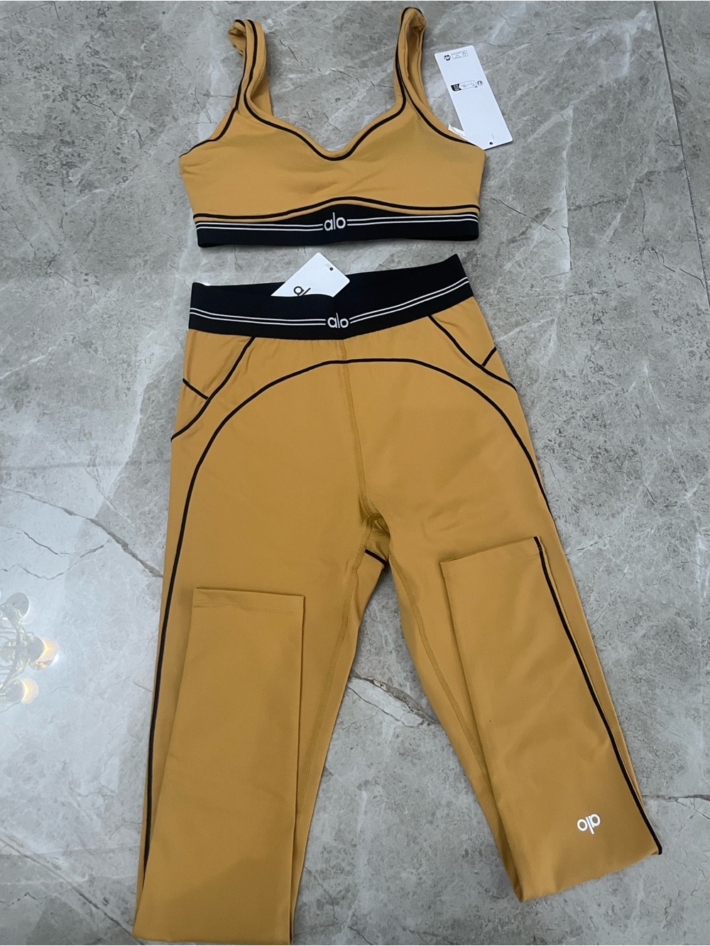 ALO Yoga Mustard Crop Top & High-Rise Capri Set